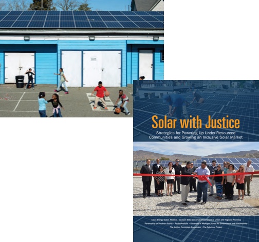 Kids playing in front of a building with solar panels on the roof.